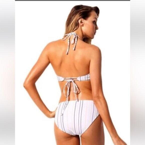 Striped Halter Bikini Set With Tie Back & High Waist Bottoms - Picture 3 of 6